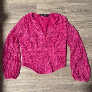 New York & Company Hot Pink Long Sleeve Lace Top